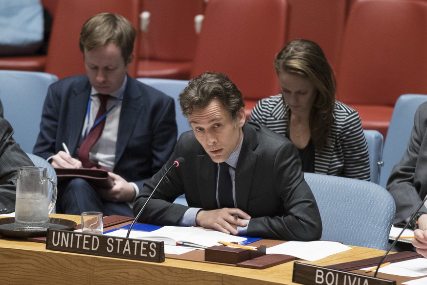 A member of the American delegation speaks during an emergency Security Council meeting on the situation in Gaza, Friday, March 30, 2018, at United Nations headquarters. (AP Photo/Mary Altaffer)