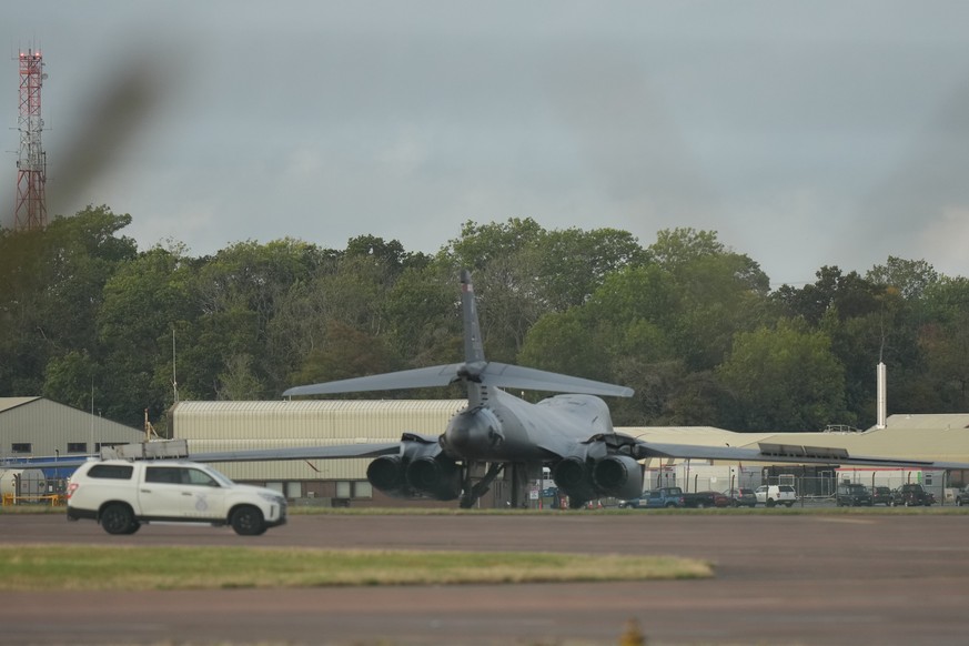 United States Airforce B1 bombers are seen at RAF Fairford, a US Airbase, after an incident in Fairford, England, Sunday, Sept. 27, 2026. (AP Photo/Alastair Grant)
Britain Explosives Arrests