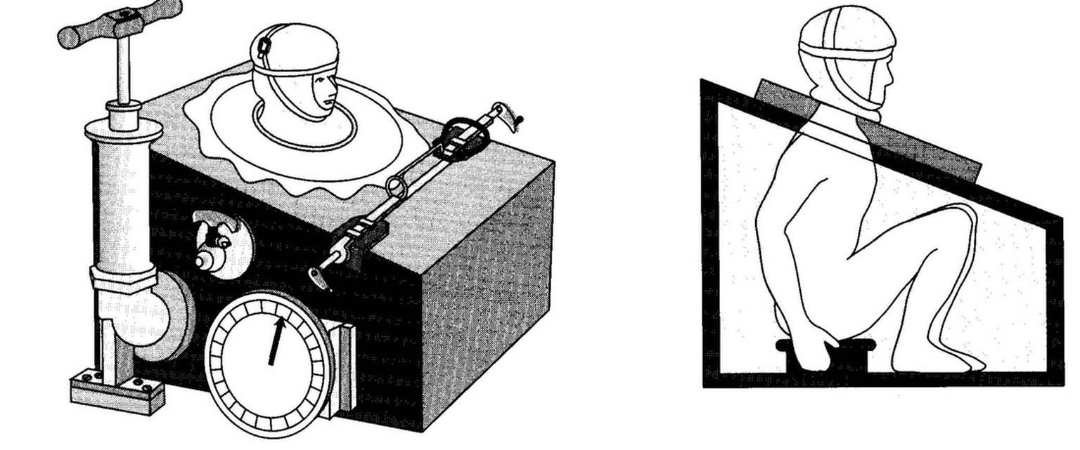 Modell der Beatmungsmaschine von Dalziel: Eine an die Kiste angeschlossene, manuell zu betreibende Pumpe erzeugte den nötigen Unterdruck.