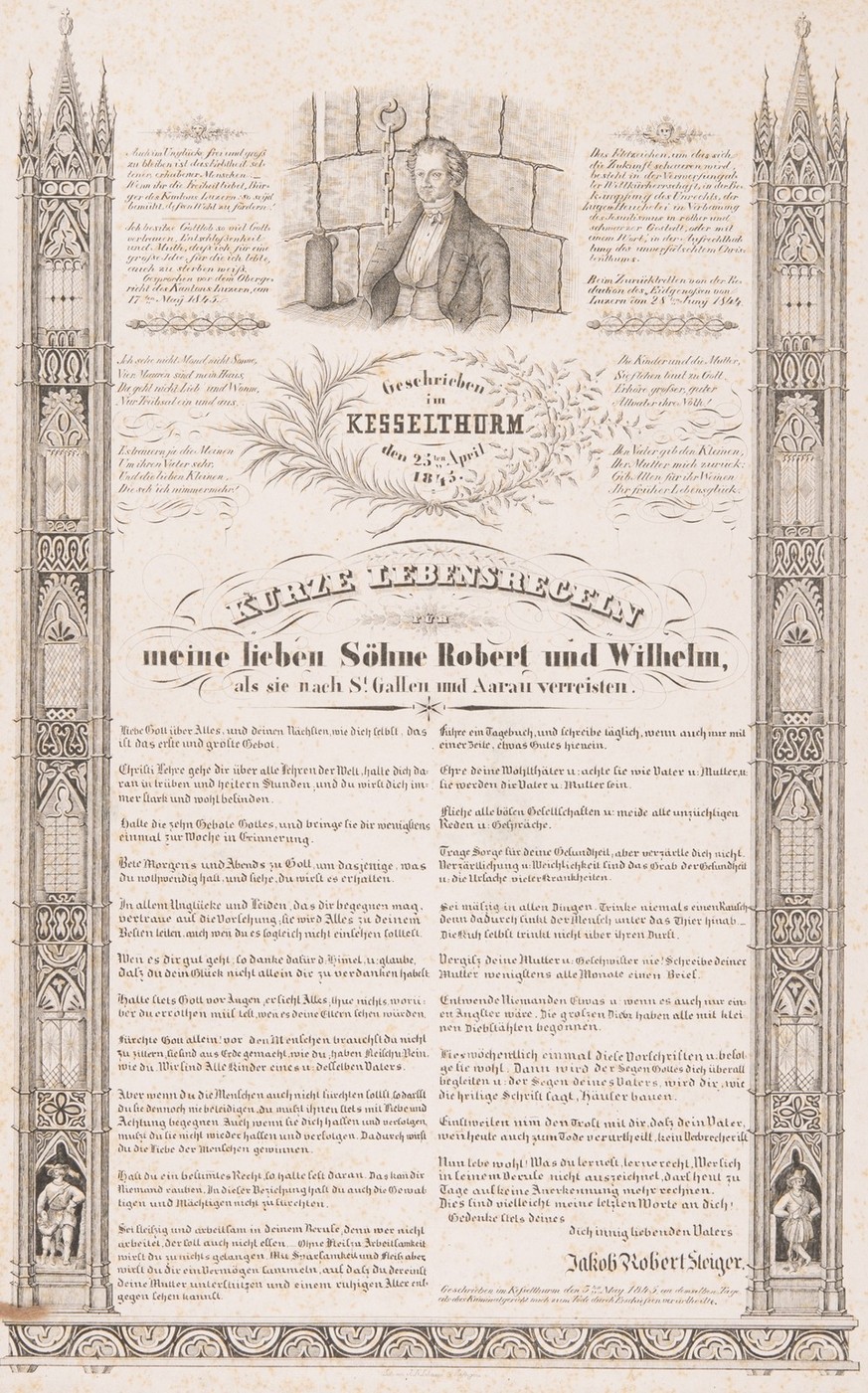 Während seiner Haft im Luzerner Kesselturm schreibt Jakob Robert Steiger die «kurzen Lebensregeln für meine lieben Söhne Robert und Wilhelm», Mai 1845.
https://permalink.nationalmuseum.ch/100277325