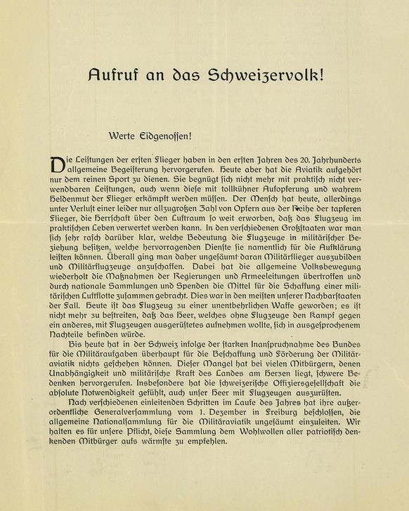 Spendenaufruf zur Schaffung einer schweizerischen Militäraviatik, 1912.
https://www.recherche.bar.admin.ch/recherche/#/de/archiv/einheit/4122886