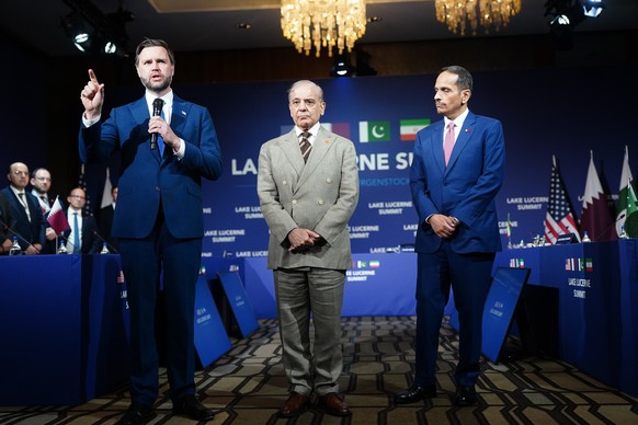 U.S. Vice President JD Vance, left, makes an opening statement next to Pakistan's Prime Minister Shehbaz Sharif, center, and Qatar's Prime Minister and Minister for Foreign Affairs Sheikh Mo ...