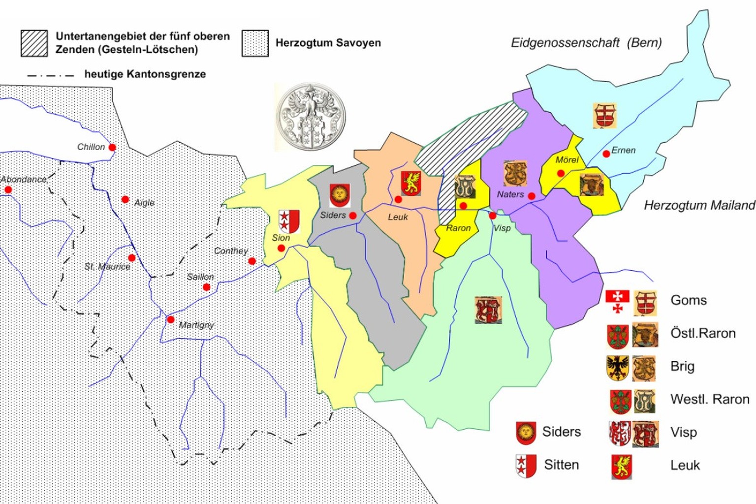Die sieben Zenden am Vorabend der Burgunderkriege, 1470.
https://de.wikipedia.org/wiki/Datei:Walliszenden1470.png
