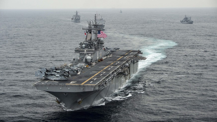 epa07725933 (FILE) - A handout photo made available by the US Navy Media Content Operations on shows the USS Boxer (LHD-4), a Wasp-class amphibious assault ship, transiting the East Sea during Exercis ...