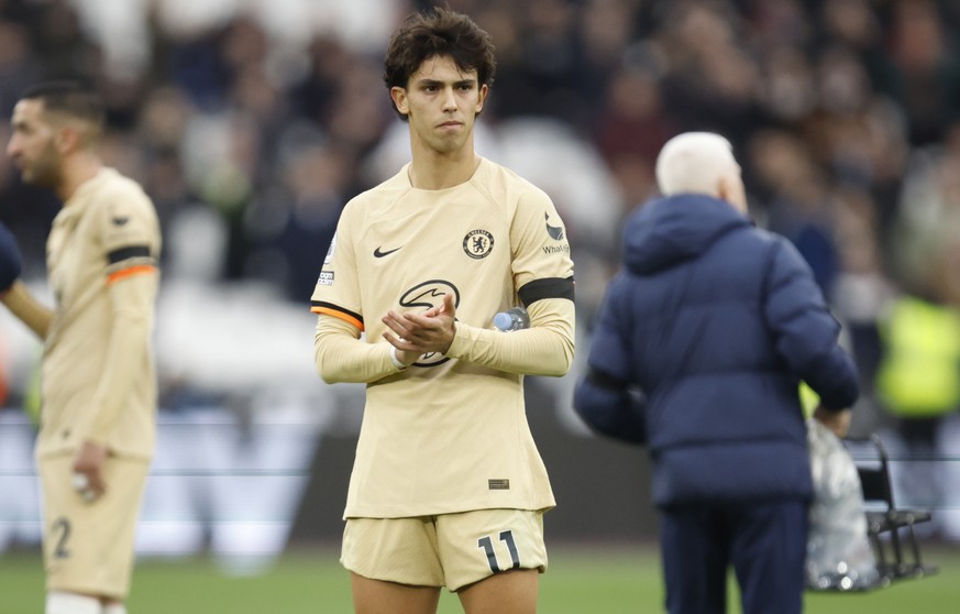 Chelsea&#039;s Joao Felix reacts after the English Premier League soccer match between West Ham United and Chelsea in London, Saturday, Feb. 11, 2023. (AP Photo/David Cliff)