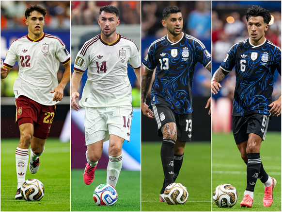 Pau Cubarsi, Aymeric Laporte (Spanien), Cristian Romero und Lisandro Martinez (Argentinien, v. l. n. r.).