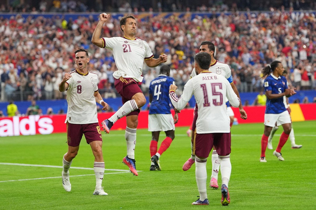 Spain's Mikel Oyarzabal celebrates scoring from the penalty spot the opening goal during a World Cup semifinal soccer match between France and Spain in Arlington, Texas, near Dallas, Tuesday, Jul ...