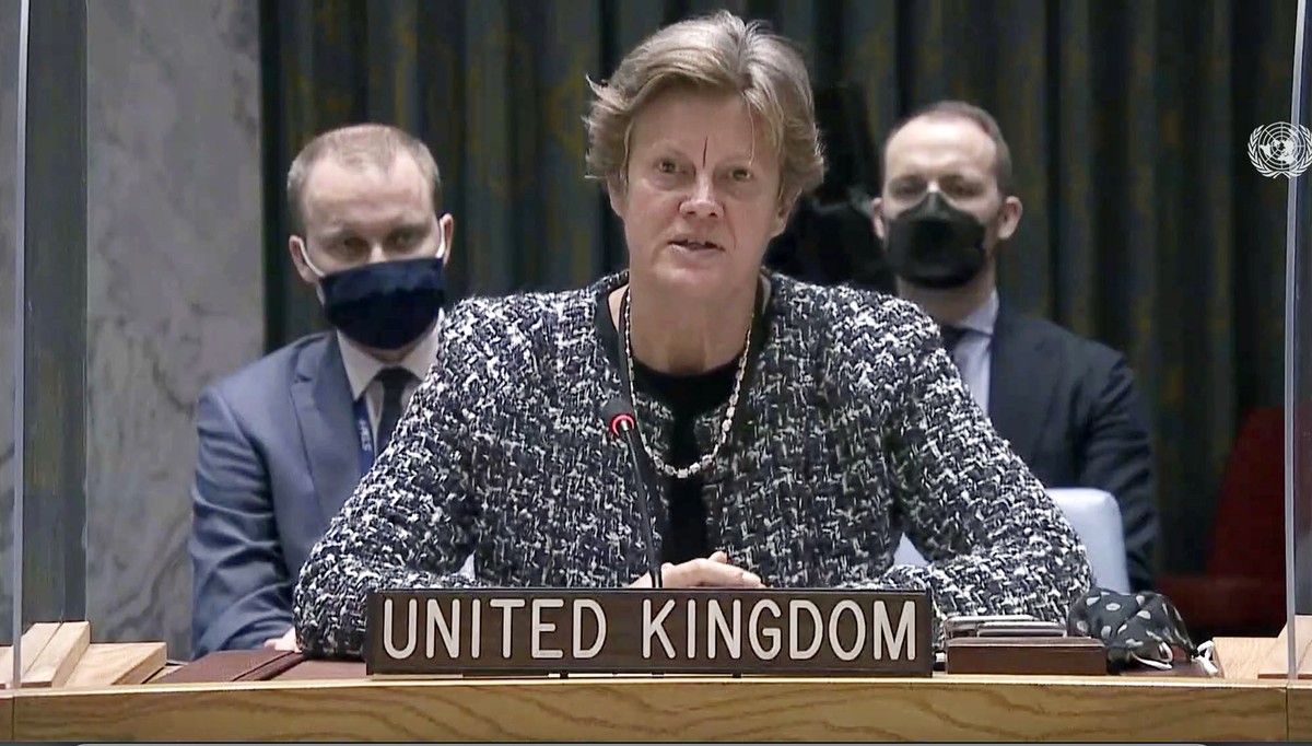 In this image made from UNTV video, Britain's Ambassador to the United Nations Barbara Woodward speaks during an emergency U.N. Security Council meeting on Ukraine, at the U.N headquarters, Monda ...