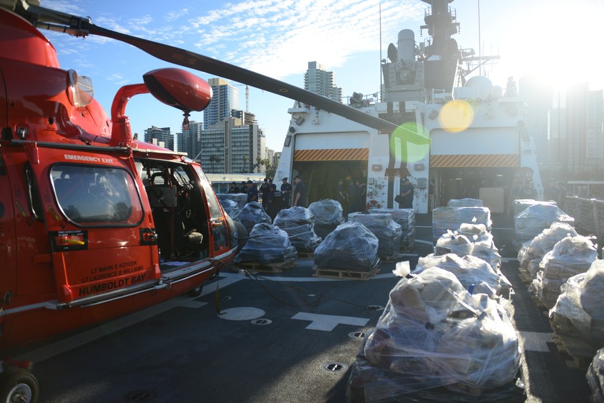 epa06616854 A handout photo made available by the US Coast Guard shows pallets of seized suspected contraband sitting on the deck of the Coast Guard Cutter Bertholf prior to being offloaded by Berthol ...