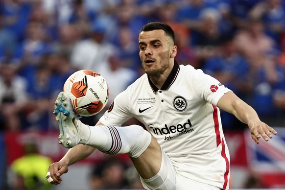 Frankfurt's Filip Kostic controls the ball during the Europa League final soccer match between Eintracht Frankfurt and Rangers FC at the Ramon Sanchez Pizjuan stadium in Seville, Spain, Wednesday, May 18, 2022. (AP Photo/Pablo Garcia)