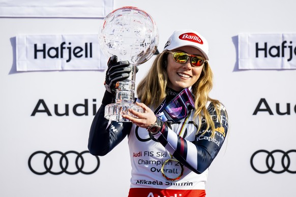Mikaela Shiffrin of the United States winner of the women's overall crystal globe trophy celebrates during the podium ceremony at the Lillehammer FIS Alpine Ski World Cup Finals, in Hafjell, Norw ...