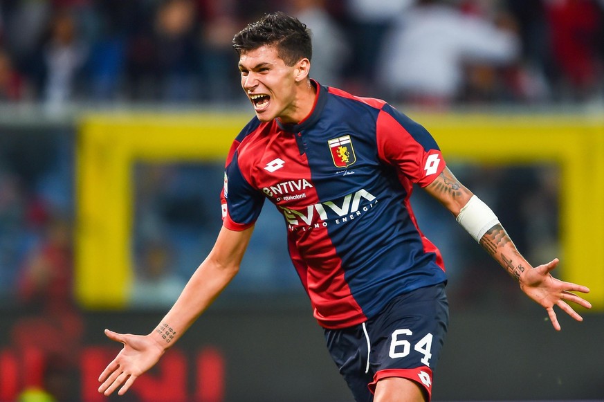 FILE - In this Sunday, Sept. 17, 2017 file photo, Genoa&#039;s Pietro Pellegri celebrates after scoring, during the Serie A soccer match between Genoa and Lazio, at the Luigi Ferraris Stadium in Genoa ...