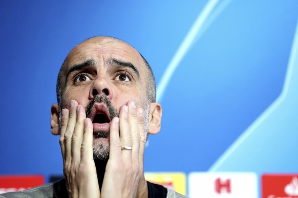 Manchester City manager Pep Guardiola during the press conference at the City Football Academy in Manchester, England, Tuesday April 16, 2019. Man City will play Tottenham in their Champions League Qu ...