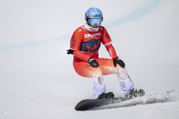 CAPTION CORRECTION: CORRECTS FIRST NAME - Sina Siegenthaler of Switzerland reacts in the finish area in the semi final during the Snowboardcross competition at the FIS Snowboard, Freestyle and Freeski ...