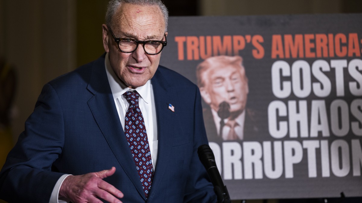 epa12975314 US Senate Minority Leader Chuck Schumer speaks about the Justice Department's plan to create a 1.776 billion US dollar fund to compensate allies of US President Donald Trump in the US ...