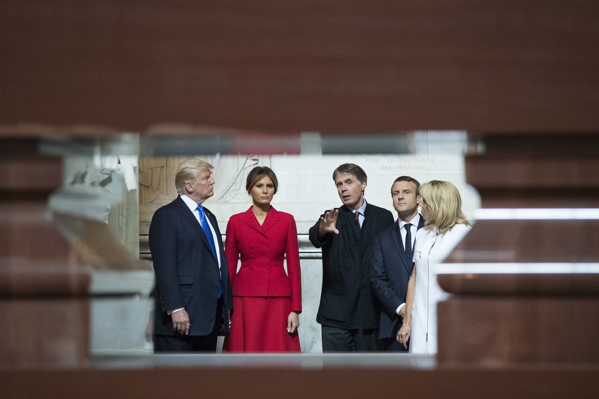 President Donald Trump, first lady Melania Trump, French President Emmanuel Macron, and his wife Brigitte Macron with David Guillet, director of the Army Museum, tour Napoleon Bonaparte's Tomb at ...