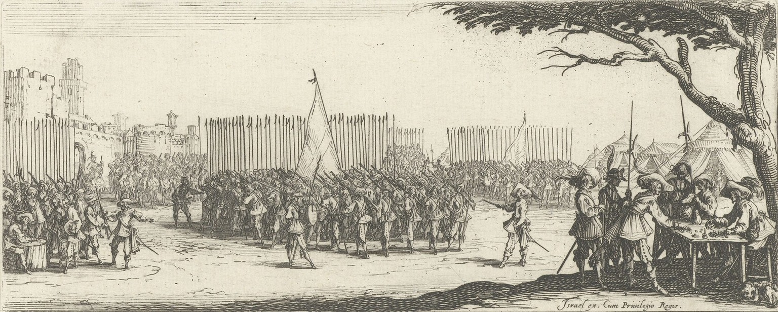 Rekrutierung von Soldaten während des Dreissigjährigen Krieges. Stich von Jacques Callot, 1633.
https://www.rijksmuseum.nl/en/collection/RP-P-OB-20.670