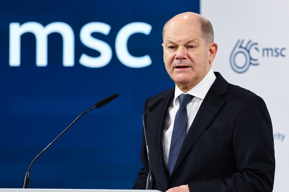 epa11160029 German Chancellor Olaf Scholz delivers a speech at the &#039;Bayerischer Hof&#039; hotel, the venue of the 60th Munich Security Conference (MSC), in Munich, Germany, 17 February 2024. More ...