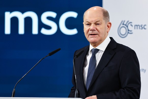 epa11160029 German Chancellor Olaf Scholz delivers a speech at the 'Bayerischer Hof' hotel, site of the 60th Munich Security Conference (MSC), in Munich, Germany, February 17, 2024. More...