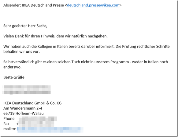 «Selbstverständlich gibt es einen solchen Tisch nicht in unserem Programm – weder in Italien noch anderswo. Die Prüfung rechtlicher Schritte behalten wir uns vor.»