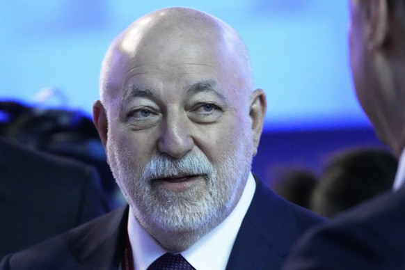 FILE - President of the Skolkovo Foundation Viktor Vekselberg speaks on the sidelines of the St. Petersburg International Economic Forum in St. Petersburg, Russia, June 17, 2022. Two businessmen have b ...
