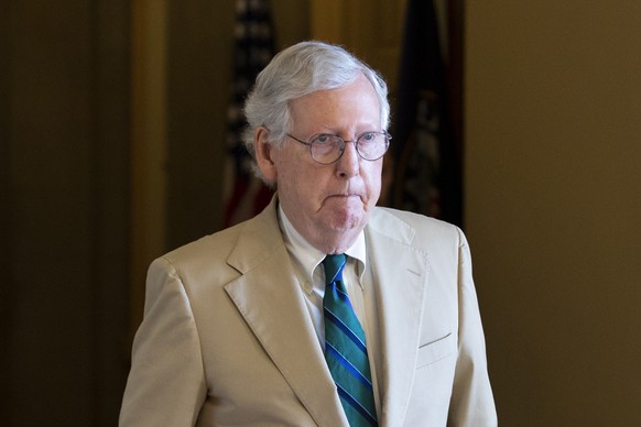 epa09291958 Senate Minority Leader Mitch McConnell walks to the Senate floor on Capitol Hill in Washington, DC, USA, 21 June 2021. The Senate is expected to hold a vote, 22 June, on whether to advance ...