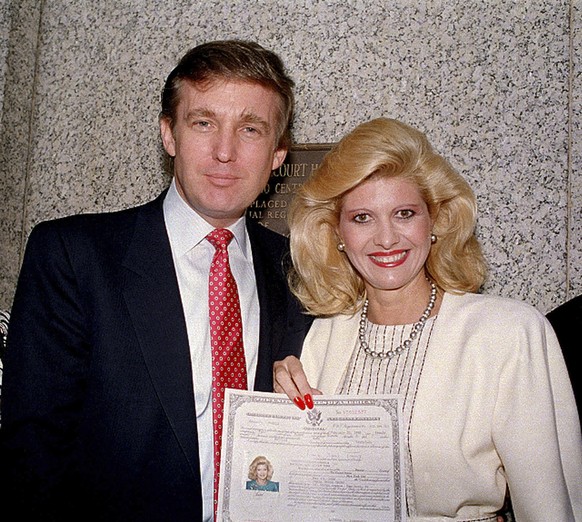 FILE - Donald Trump and then-wife, Ivana Trump, pose outside the Federal Courthouse in New York, after she was sworn in as a United States citizen, in May 1988. Ivana Trump, the first wife of Trump, h ...
