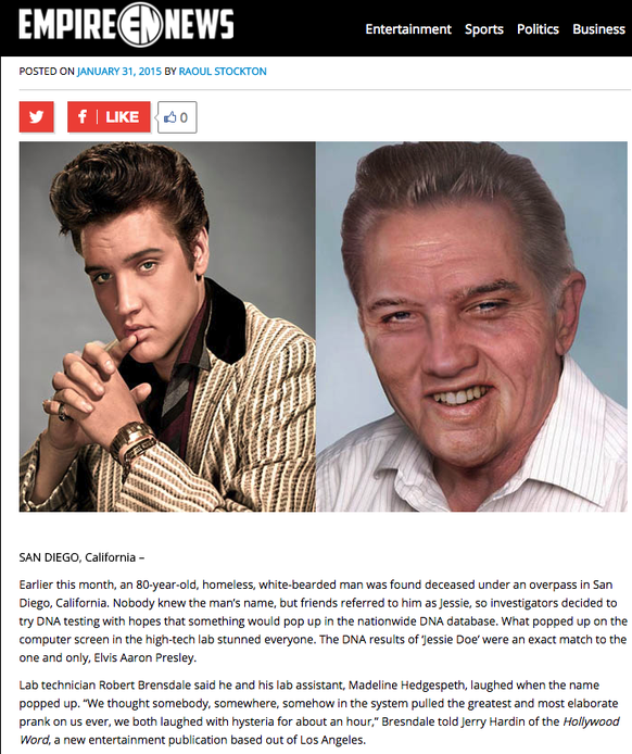 elvis fake news conspiracy verschwörungstheorie presley the king of rock&#039;n&#039;roll http://empirenews.net/shocking-dna-results-revealed-body-of-elderly-homeless-man-identified-as-elvis-presley/