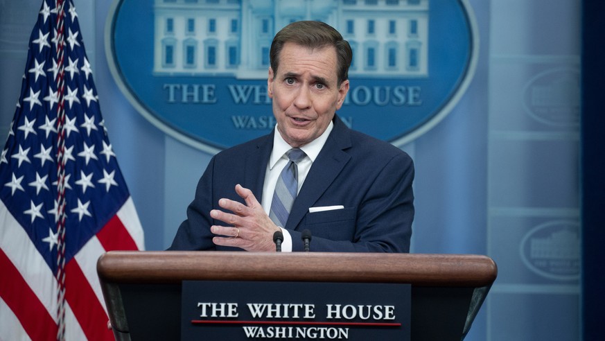 epa10567753 National Security Advisor for Strategic Communications John Kirby attends a press conference at the James Brady Press Briefing Room at the White House, where questions were asked such as…