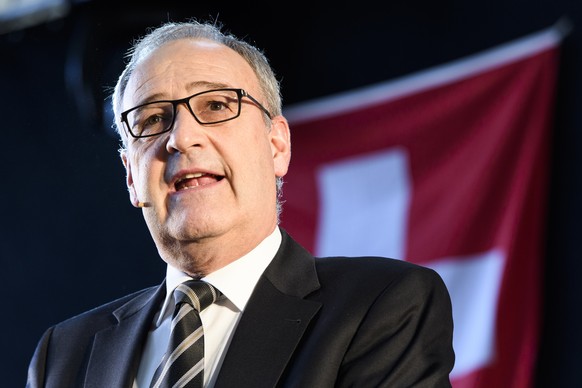 Bundesrat Guy Parmelin spricht an der Jubilaeumsfeier 100 Jahre SVP Kanton Bern, am Samstag, 10. Maerz 2018 in Schuepfen. (KEYSTONE/Anthony Anex)
