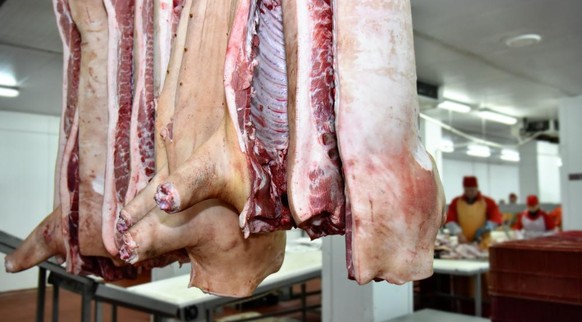 Schlachthof, geschlachtete Schweine, Schweinehälften