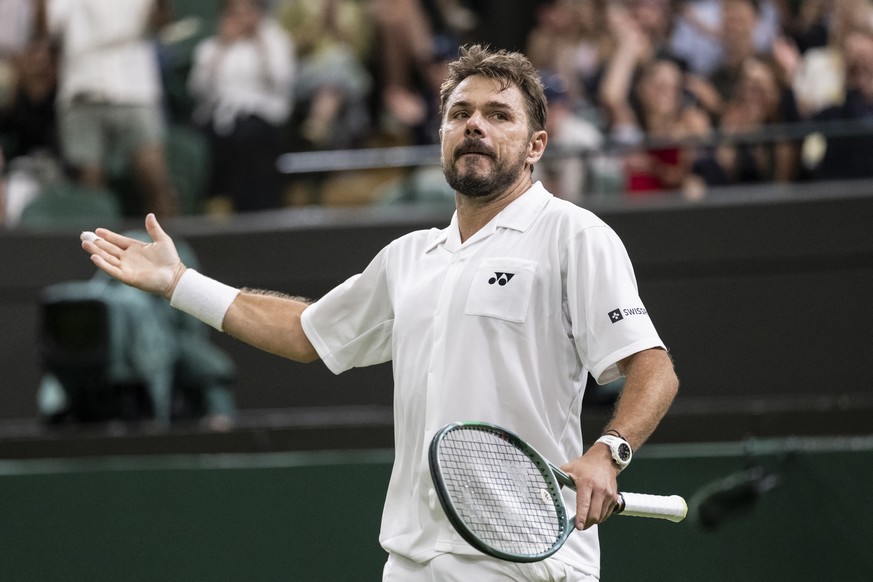 Stan Wawrinka of Switzerland celebrates after winning a point in his first round match against Matteo Berrettini of Italy at the Wimbledon All England Lawn Tennis Championships AELTC in London, on Tue ...