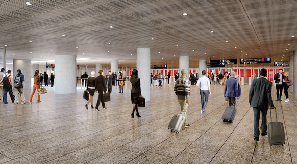 Verdoppelung der heutigen Grösse: So könnte die künftige Passkontrollhalle am Flughafen Zürich aussehen.