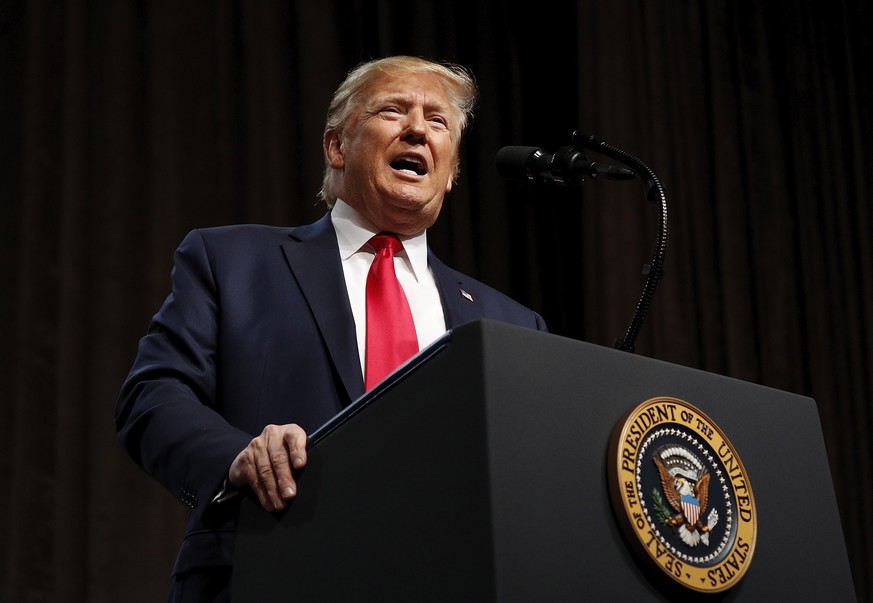 epa07991374 US President Donald J. Trump addresses the The Economic Club of New York in New York, New York, USA 12 November 2019. President Trump is on a multi-day visit to New York and will be attend ...