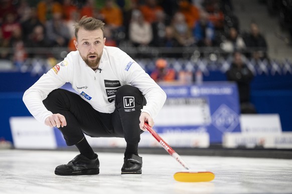 Switzerland&#039;s skip Yannick Schwaller during their play against Scotland at the World Men&#039;s Curling Championship at the IWC Arena in Schaffhausen, Switzerland on Thursday, April 4,, 2024. (KE ...