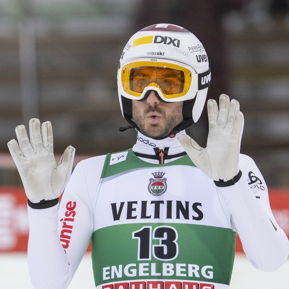 Killian Peier of Switzerland reacts during a Training at the men's FIS Ski Jumping World Cup competition at the Gross-Titlis Schanze on Friday December 19, 2025 in Engelberg, Switzerland. (KEYSTO ...