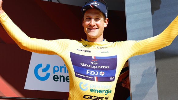 Stefan Kueng from Switzerland of Groupama-FDJ reacts on the podium after first stage, a 12.7 km time trial with start and finish in Einsiedeln, at the 86th Tour de Suisse UCI ProTour cycling race, on  ...