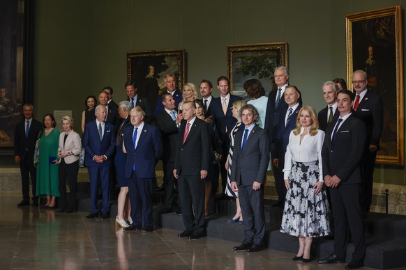 epa10042153 Heads of States and Governments pose for a family picture ahead of the dinner that the Spanish Prime Minister Pedro Sanchez offers to the heads of State and Government participating in the ...