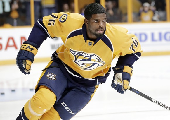 FILE - In this Oct. 1, 2016, file photo, Nashville Predators defenseman P.K. Subban warms up before an NHL hockey preseason game against the Tampa Bay Lightning, in Nashville, Tenn. His new teammates  ...