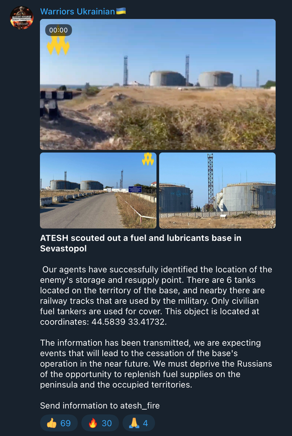 Ukrainian partisans have scouted military fuel and lubricant in the Russian-occupied Crimean Peninsula.
