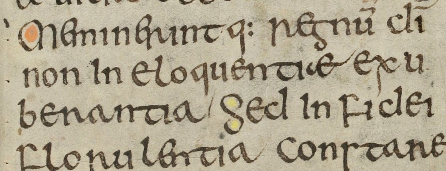 Font from the Vita Sancti Columbae.  The distances between the words and the connections (ligatures) between individual letters are clearly visible.  https://www.e-codices.unifr.ch/de/sbs/000 ...