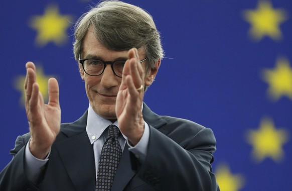 Italy&#039;s David-Maria Sassoli applauds after being elected President of the European Parliament in Strasbourg, eastern France, Wednesday July 3, 2019. (AP Photo/Jean-Francois Badias)