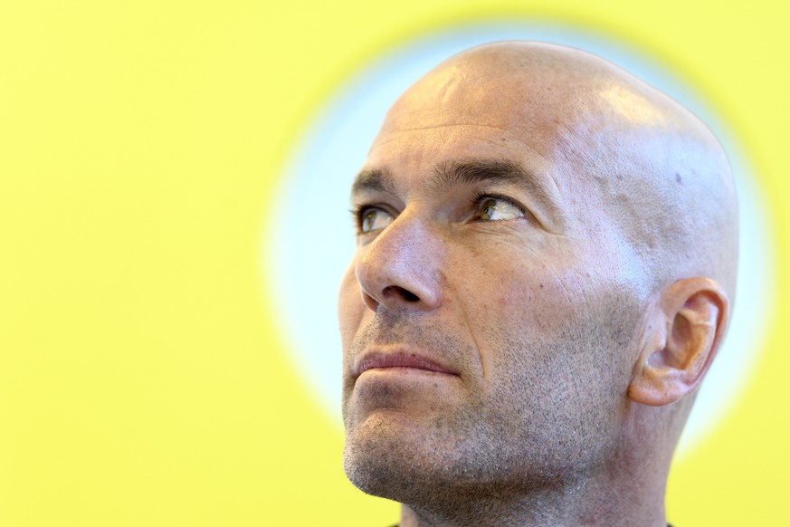 Real Madrid&#039;s head coach Zinedine Zidane of France speaks during a press conference in the Stade Olympique de la Pontaise in Lausanne, Switzerland, Monday, October 3, 2016. Zinedine Zidane is in  ...