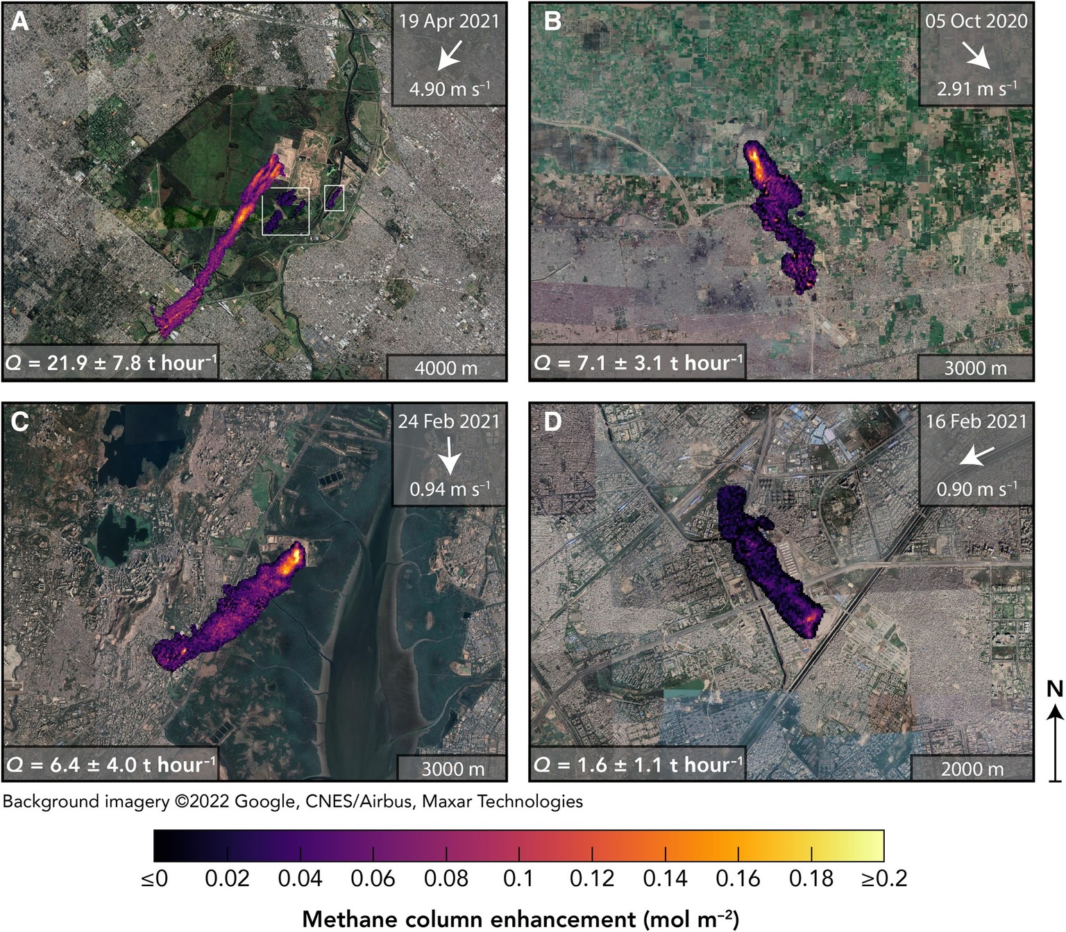 Left: methane concentrations measured by Tropomi during 2018-2019 around Buenos Aires, Argentina. Right: zoom-in by GHGSat on April 19th 2021, showing methane plumes from the landfill in the city cent ...