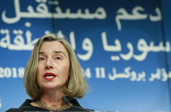 epa06691825 European Union Foreign Policy Chief Federica Mogherini gives a press conference to present first results of conference on &#039;Supporting the future of Syria and the region&#039; at EU co ...