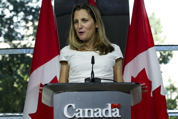Canada&#039;s Foreign Affairs Minister Chrystia Freeland speaks during a news conference at the Canadian Embassy after talks at the Office of the United States Trade Representative, in Washington, Fri ...
