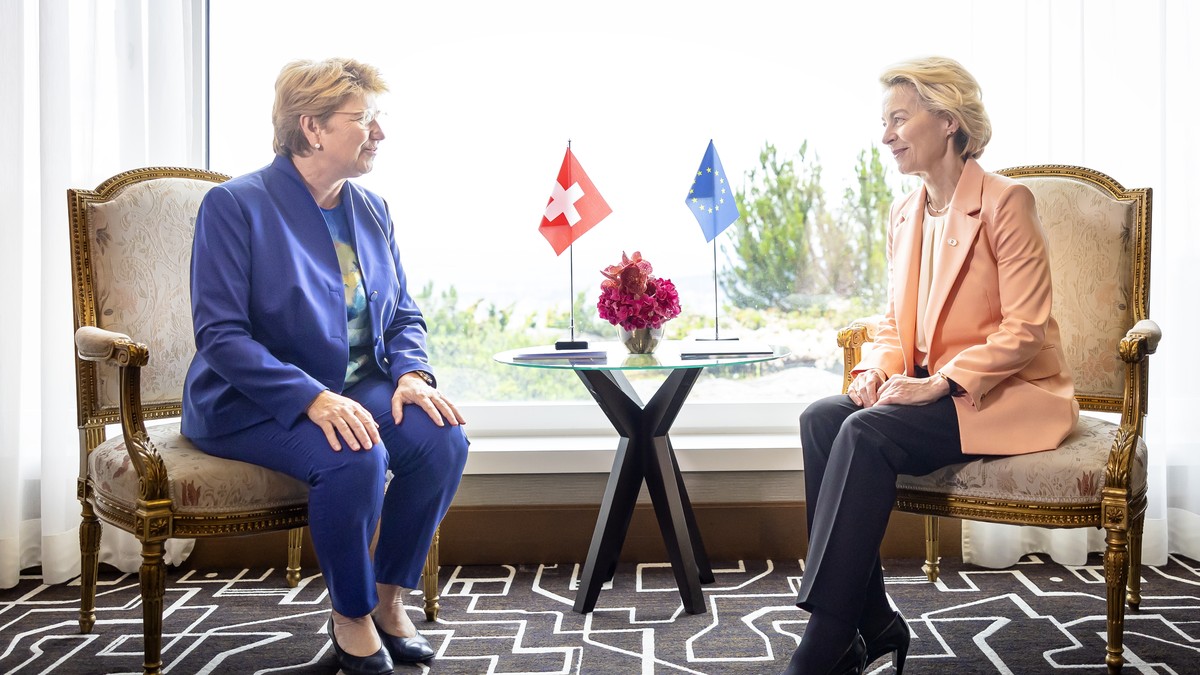Swiss Federal President Viola Amherd, left, speaks to Ursula von der Leyen President of European Commission, right, as they meet for a bilateral talk during the Summit on peace in Ukraine, in Stanssta ...