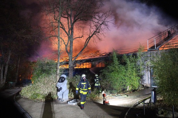 Firefighters stand in front of the burning monkey house at Krefeld Zoo, in Krefeld, Germnay, Wednesday Jan 1, 2020. A fire at a zoo in western Germany killed a large number of animals in the early hou ...