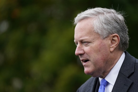 FILE - White House chief of staff Mark Meadows speaks with reporters outside the White House, Oct. 26, 2020, in Washington. The House panel investigating the Jan. 6 Capitol insurrection says it has