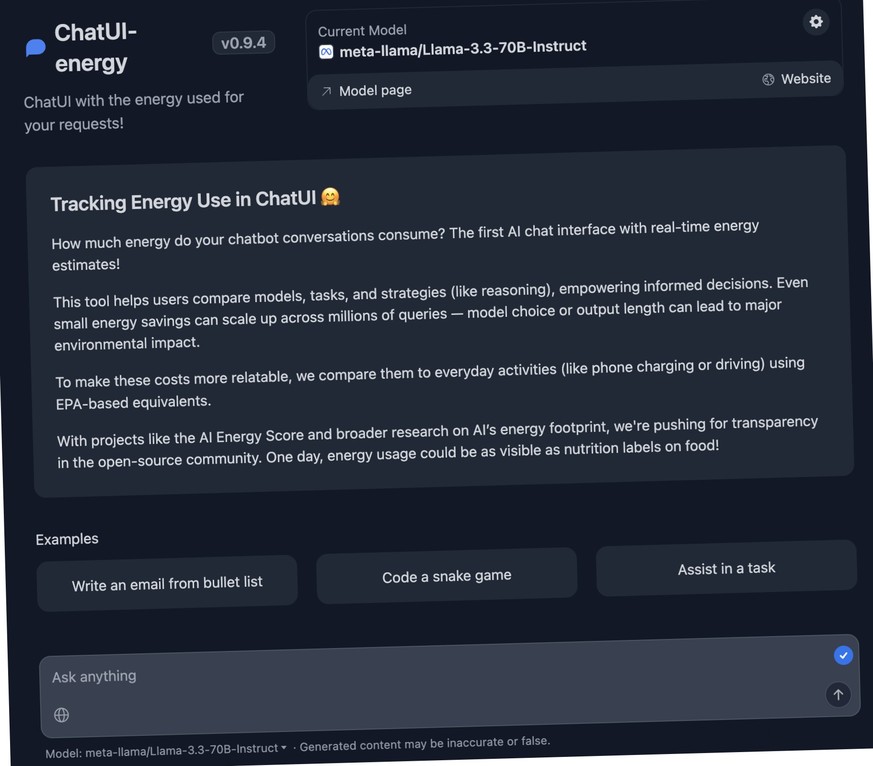 KI-Tool Chat UI Energy zeigt Stromverbrauch von KI-Anfragen